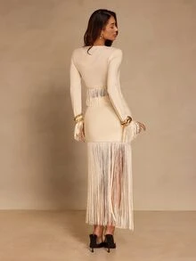 Glamine Women's Apricot Tassel 2 Pieces Set, Party Outfit, V-Neck Top Paired With Skirt - Apricot - View 2