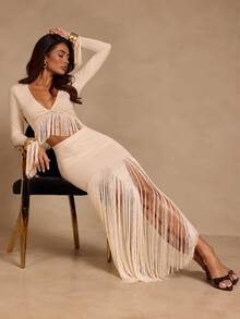 Glamine Women's Apricot Tassel 2 Pieces Set, Party Outfit, V-Neck Top Paired With Skirt - Apricot - View 3