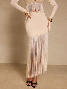 Glamine Women's Apricot Tassel 2 Pieces Set, Party Outfit, V-Neck Top Paired With Skirt - Apricot - View 6