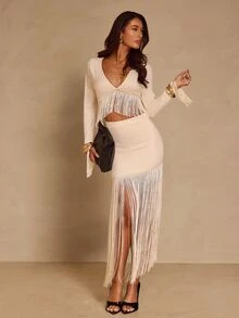 Glamine Women's Apricot Tassel 2 Pieces Set, Party Outfit, V-Neck Top Paired With Skirt - Apricot - View 4