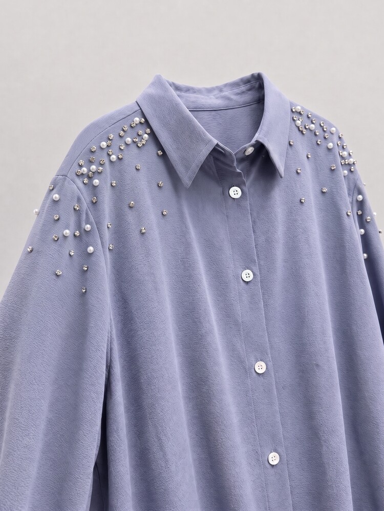 Lacomfia Plus Faux Pearls Beaded Button Front Shirt & Wide Leg Pants - Blue - View 6