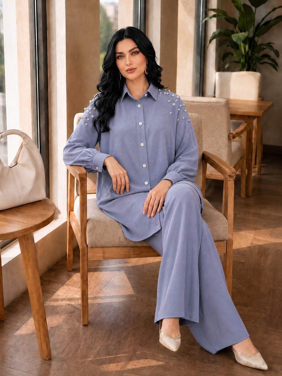 Lacomfia Plus Faux Pearls Beaded Button Front Shirt & Wide Leg Pants - Blue - View 1