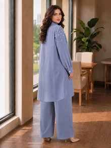 Lacomfia Plus Faux Pearls Beaded Button Front Shirt & Wide Leg Pants - Blue - View 2