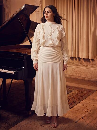 Vestido de mujer Anewsta de nueva llegada con cuello alto, elegante y romántico, de tela de gasa con recorte de volantes, manga larga, parche y dobladillo acampanado, talla grande