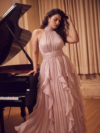 Anewsta Plus Size Women's New Elegant Sleeveless Halter Long Dress, Waist Pleated Shiny Ruffle Hem Pink, Suitable For Party, Banquet, Gathering