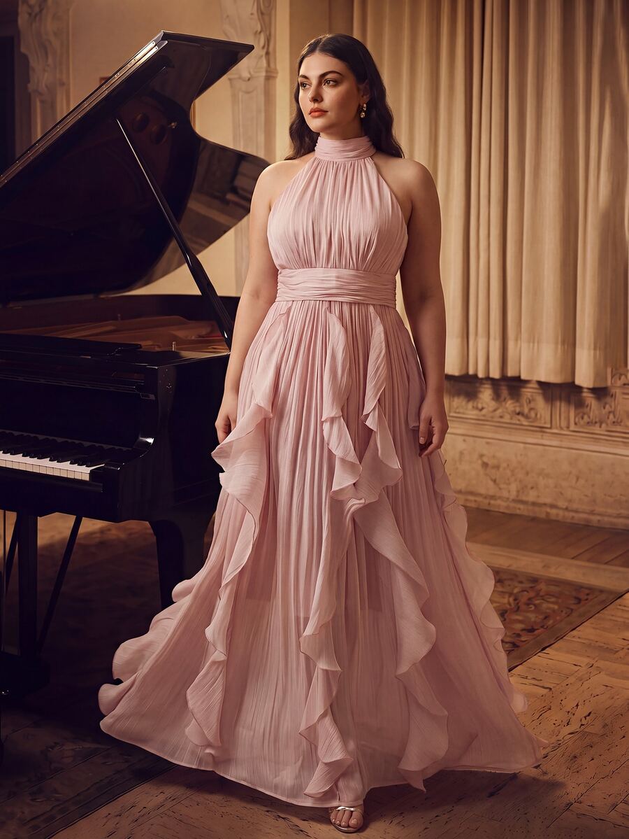 Anewsta 大码女式新款优雅无袖吊带长裙,腰部褶皱显瘦亮面荷叶边下摆连衣裙,粉色,适合派对、宴会、聚会等场合 - 粉色 - 查看 1