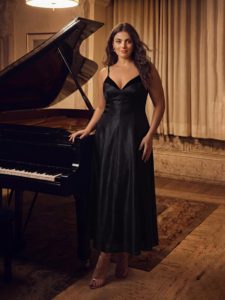 Anewsta Plus Size Elegant Solid Color Spaghetti Strap Dress For Party - Black - View 5
