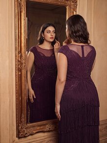 Anewsta Women's Plus Size Best-Selling Bohemian Style High-End Banquet Patchwork Tassel Beaded Dress Party Vacation Evening Gown - Red Violet - View 2