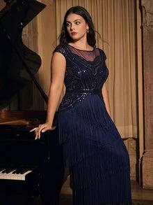 Anewsta Plus Size Women's High-End Bohemian Style Banquet Dress With Patchwork, Tassel And Beaded Design - Blue - View 5