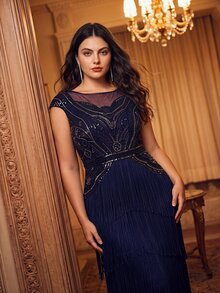 Anewsta Plus Size Women's High-End Bohemian Style Banquet Dress With Patchwork, Tassel And Beaded Design - Blue - View 4