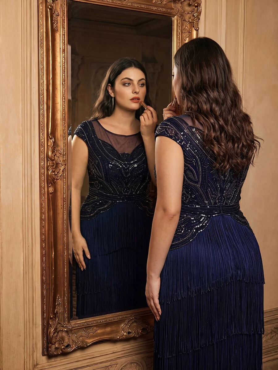 Anewsta Plus Size Women's High-End Bohemian Style Banquet Dress With Patchwork, Tassel And Beaded Design - Blue - View 1