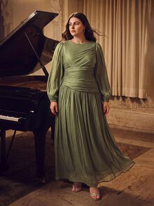 Anewsta Affair Women's Plus Size Fall/Winter Sage Green Shiny Long Dress, Round Neck Waist Ruched Puff Sleeve, Elegant Classy Versatile Formal Wedding Guest Dinner - Olive Green - View 7