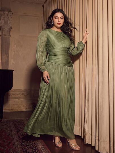 Anewsta Affair Women's Plus Size Olive Green Shiny Long Dress, Round Neck, Waist Ruched, Puff Sleeve, Elegant Versatile Formal Wedding Autumn Fall
