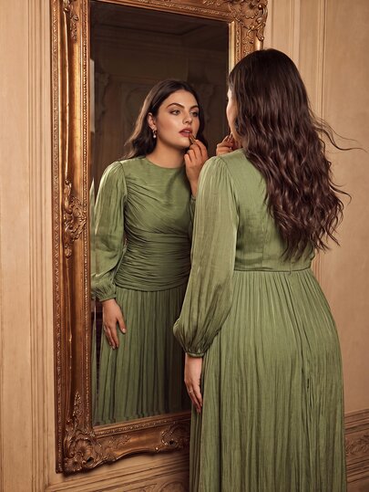 Anewsta Affair Women's Plus Size Olive Green Shiny Long Dress, Round Neck, Waist Ruched, Puff Sleeve, Elegant Versatile Formal Wedding Autumn Fall