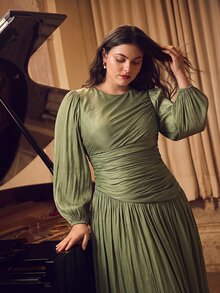 Anewsta Affair Women's Plus Size Fall/Winter Sage Green Shiny Long Dress, Round Neck Waist Ruched Puff Sleeve, Elegant Classy Versatile Formal Wedding Guest Dinner - Olive Green - View 6