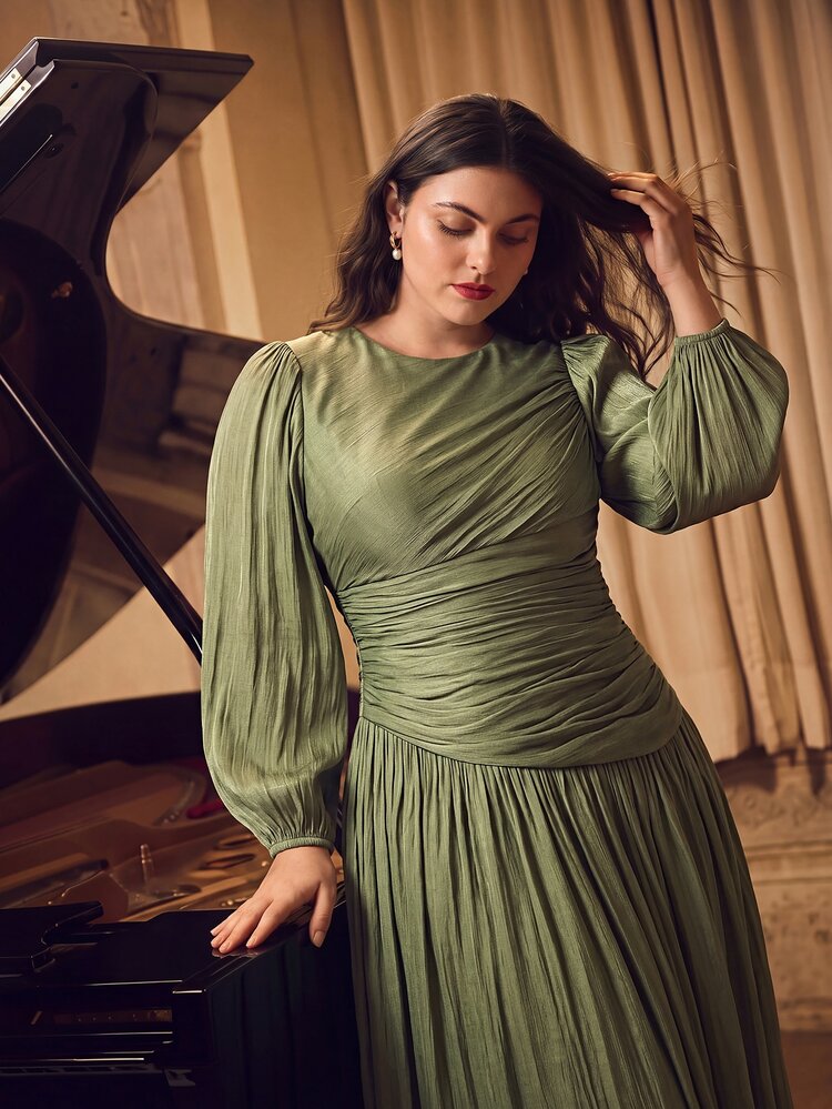 Anewsta Affair Women's Plus Size Olive Green Shiny Long Dress, Round Neck, Waist Ruched, Puff Sleeve, Elegant Versatile Formal Wedding Autumn Fall - Olive Green - View 6