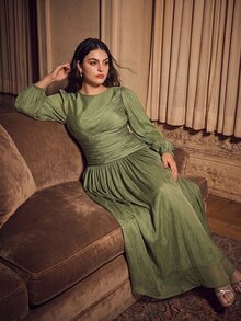 Anewsta Affair Women's Plus Size Fall/Winter Sage Green Shiny Long Dress, Round Neck Waist Ruched Puff Sleeve, Elegant Classy Versatile Formal Wedding Guest Dinner - Olive Green - View 2
