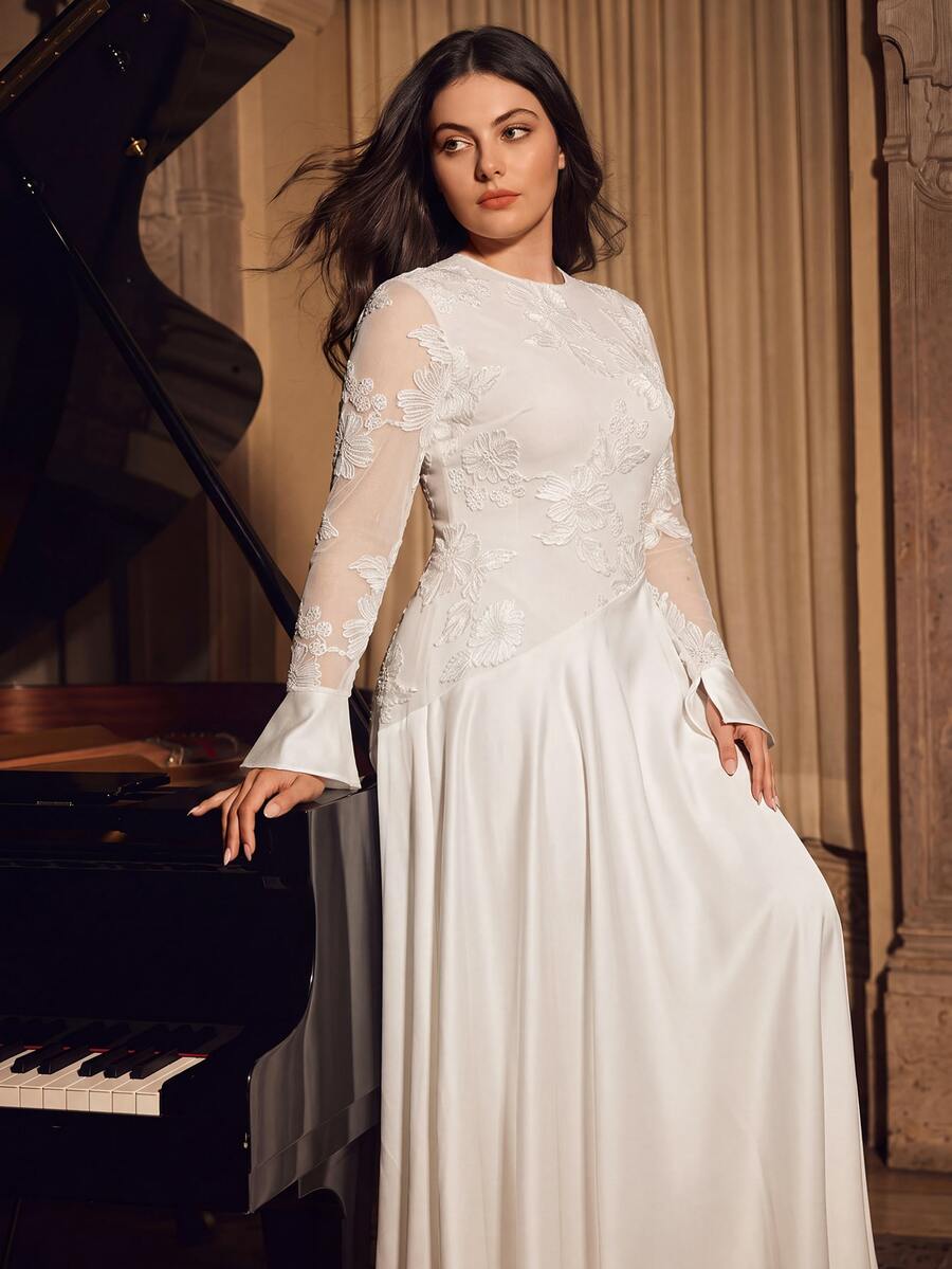 Anewsta Affair Plus Size Autumn Women Dress White Floral Embroidery Patchwork Long Sleeve Elegant Formal Formal Dinner Wedding Dinner Event . Wedding - White - View 1