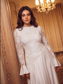 Anewsta Affair Plus Size Autumn Women Dress White Floral Embroidery Patchwork Long Sleeve Elegant Formal Formal Dinner Wedding Dinner Event . Wedding - White - View 5