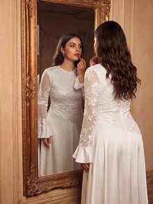 Anewsta Affair Plus Size Autumn Women Dress White Floral Embroidery Patchwork Long Sleeve Elegant Formal Formal Dinner Wedding Dinner Event . Wedding - White - View 4