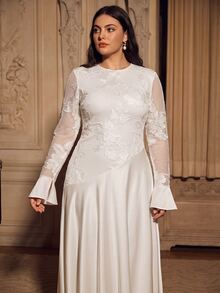 Anewsta Affair Plus Size Autumn Women Dress White Floral Embroidery Patchwork Long Sleeve Elegant Formal Formal Dinner Wedding Dinner Event . Wedding - White - View 3