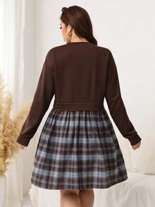Comfylo Plus Size Fashion Plaid Patchwork Long Sleeve Dress Fall - Coffee Brown - View 8