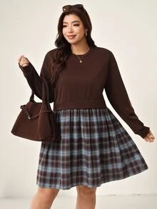 Comfylo Plus Size Fashion Plaid Patchwork Long Sleeve Dress Fall - Coffee Brown - View 9