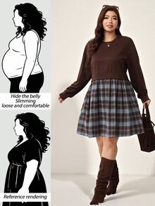 Comfylo Plus Size Fashion Plaid Patchwork Long Sleeve Dress Fall - Coffee Brown - View 1