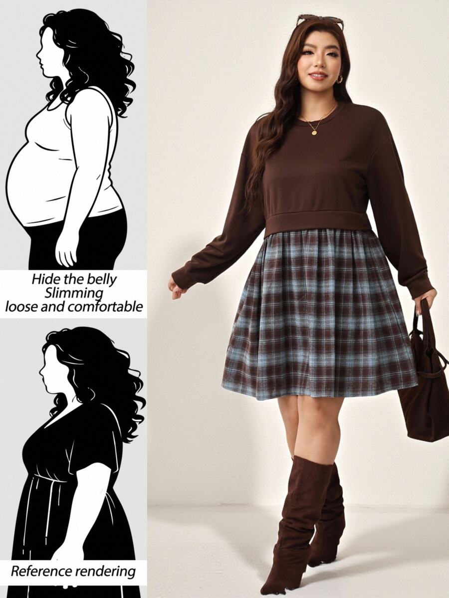 Comfylo Plus Size Fashion Plaid Patchwork Long Sleeve Dress Fall - Coffee Brown - View 1