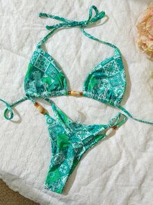 SHEIN Swim Women's Solid Color Spaghetti Strap Bikini Swimwear Set,Pink And Orange,Summer,Boho,Beach,Holiday Spring Break Green Bikinis Xxs Bikini Outfits - Multicolor - View 4