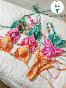 SHEIN Swim Women's Solid Color Spaghetti Strap Bikini Swimwear Set,Pink And Orange,Summer,Boho,Beach,Holiday Spring Break Green Bikinis Xxs Bikini Outfits - Multicolor - View 2