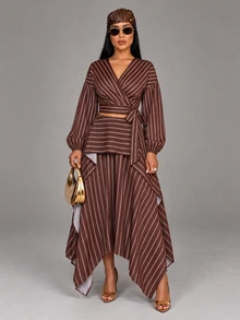 SOLERSUN Blus Wanita Motif Garis Cokelat Diagonal, Leher V, Lengan Panjang Model Balon, Ikat Pinggang Sendiri. Sempurna untuk Liburan, Pesta, Makan Malam, Pesta Teh, Musim Gugur, Sederhana dan Elegan. - Coklat - View 11