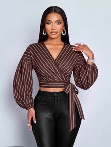 SOLERSUN Blus Wanita Motif Garis Cokelat Diagonal, Leher V, Lengan Panjang Model Balon, Ikat Pinggang Sendiri. Sempurna untuk Liburan, Pesta, Makan Malam, Pesta Teh, Musim Gugur, Sederhana dan Elegan. - Coklat - View 5