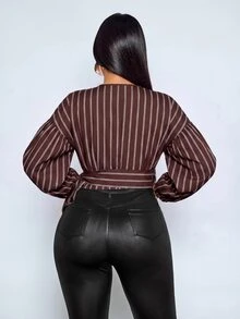 SOLERSUN Blus Wanita Motif Garis Cokelat Diagonal, Leher V, Lengan Panjang Model Balon, Ikat Pinggang Sendiri. Sempurna untuk Liburan, Pesta, Makan Malam, Pesta Teh, Musim Gugur, Sederhana dan Elegan. - Coklat - View 3