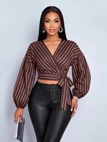 SOLERSUN Blus Wanita Motif Garis Cokelat Diagonal, Leher V, Lengan Panjang Model Balon, Ikat Pinggang Sendiri. Sempurna untuk Liburan, Pesta, Makan Malam, Pesta Teh, Musim Gugur, Sederhana dan Elegan. - Coklat - View 4