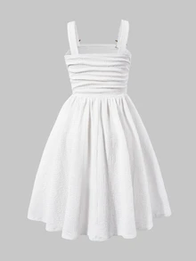 SHEIN Tween Girls Elegant Tropical Cute Solid Color Ruched Strap Mini Dress Bow Decor Teenage Casual Graduation Wedding Beach Party Flowergirl White Summer - White - View 2