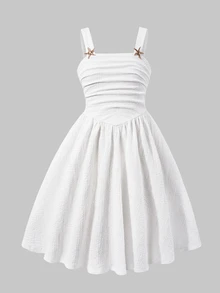 SHEIN Tween Girls Elegant Tropical Cute Solid Color Ruched Strap Mini Dress Bow Decor Teenage Casual Graduation Wedding Beach Party Flowergirl White Summer - White - View 8