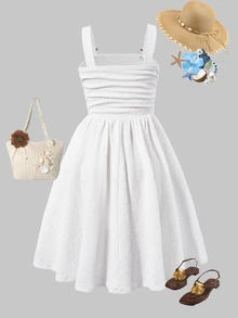 SHEIN Tween Girls Elegant Tropical Cute Solid Color Ruched Strap Mini Dress Bow Decor Teenage Casual Graduation Wedding Beach Party Flowergirl White Summer - White - View 6