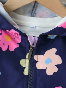 Tween Girl Fall Clothes Cute Cool Casual Hooded Jacket, Navy Blue Hand-Painted Flower Pattern, Zipper Front, School Daily, Autumn - Navy Blue - View 6