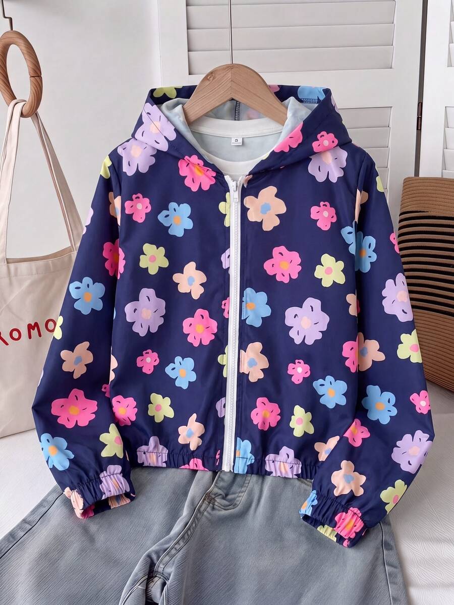 Tween Girl Fall Clothes Cute Cool Casual Hooded Jacket, Navy Blue Hand-Painted Flower Pattern, Zipper Front, School Daily, Autumn