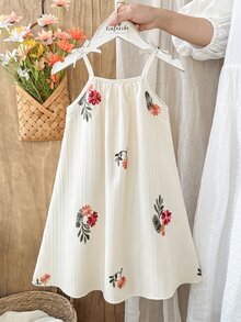 SHEIN Vintaside Kids 女童花卉印花休閒仙女公主風/度假 A 字細肩帶洋裝 夏季 Fleurora 春季優雅 7 歲生日小新娘彩虹 - 白色 - 查看 5