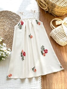 SHEIN Vintaside Kids 女童花卉印花休閒仙女公主風/度假 A 字細肩帶洋裝 夏季 Fleurora 春季優雅 7 歲生日小新娘彩虹 - 白色 - 查看 2