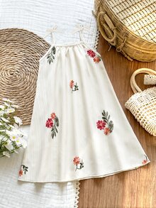 SHEIN Vintaside Kids 女童花卉印花休閒仙女公主風/度假 A 字細肩帶洋裝 夏季 Fleurora 春季優雅 7 歲生日小新娘彩虹 - 白色 - 查看 4