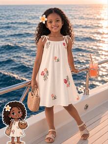 SHEIN Vintaside Kids 女童花卉印花休閒仙女公主風/度假 A 字細肩帶洋裝 夏季 Fleurora 春季優雅 7 歲生日小新娘彩虹 - 白色 - 查看 1