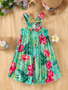 SHEIN 女童休閒公主風熱帶花卉印花無袖洋裝，春/夏新款度假系列，7歲生日泳裝彩虹款 - 綠色 - 查看 5