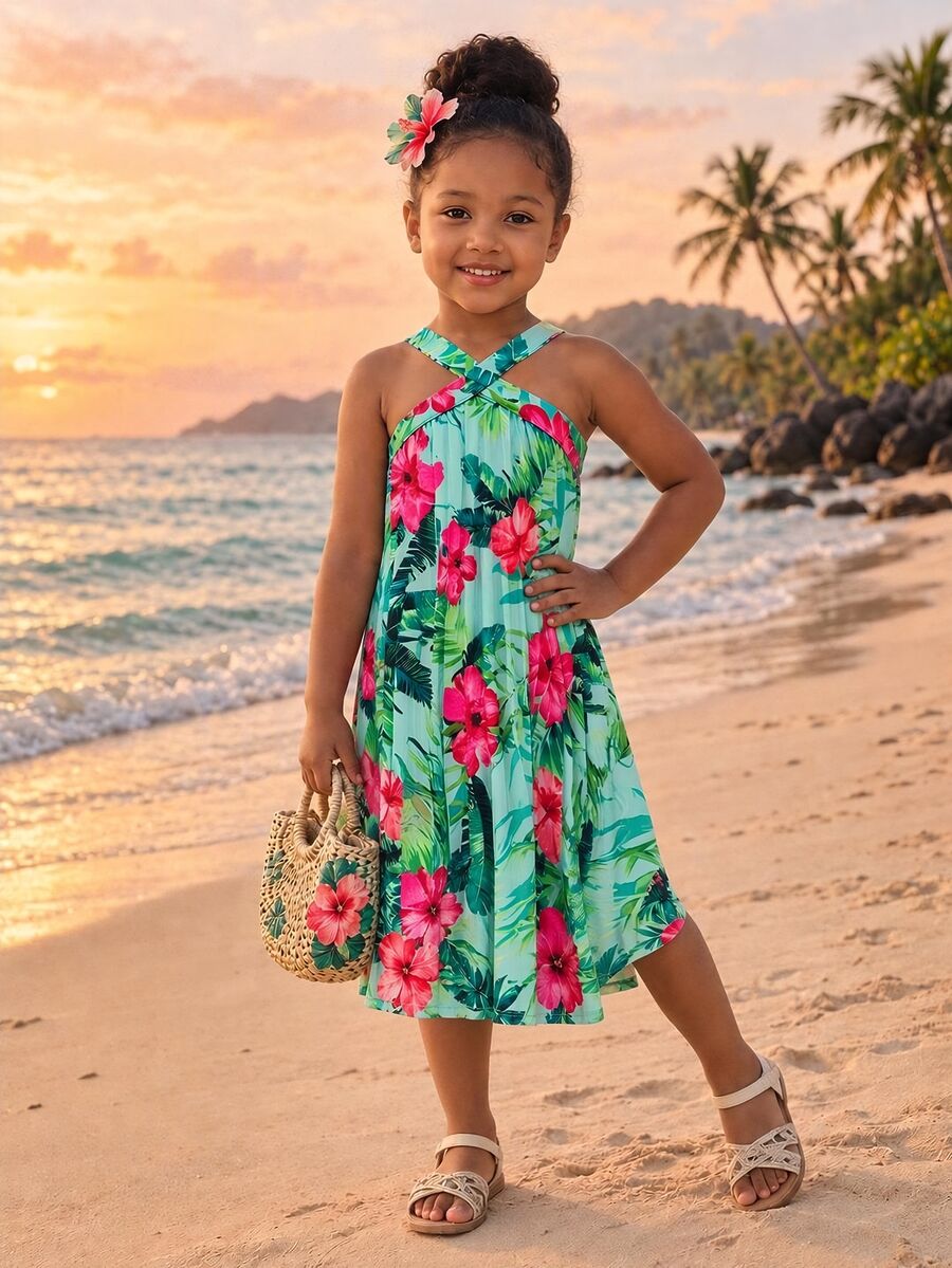 SHEIN 女童休閒公主風熱帶花卉印花無袖洋裝,春/夏新款度假系列,7歲生日泳裝彩虹款 - 綠色 - 查看 1