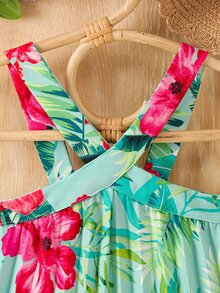 SHEIN 女童休閒公主風熱帶花卉印花無袖洋裝，春/夏新款度假系列，7歲生日泳裝彩虹款 - 綠色 - 查看 7