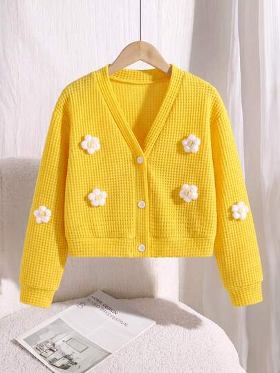 SHEIN Elladie kids ملابس خريفية للفتيات المراهقات، جاكيت كارديجان محبوك بأكمام طويلة باللون الكاكي مع نمط زهور وسحاب، كاجوال لطيف كاواي أنيق للخريف