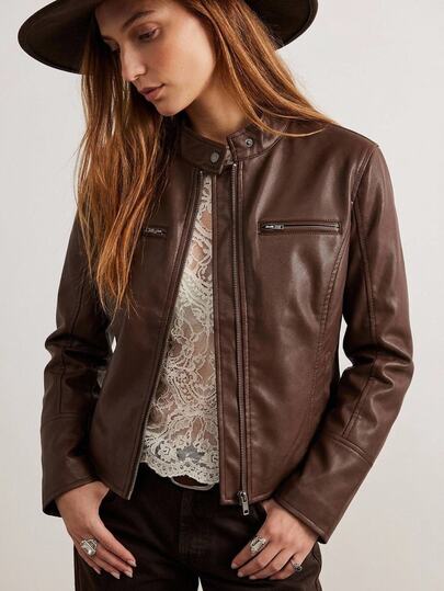 Easelle Women's Solid Color PU Leather Zipper Front Casual Regular Fit Jacket