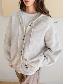 Dazy-Less Solid Color Hooded Sweatshirt Knit Sweatshirt Old Money Style,Fall Clothes Sweatshirt - Grey - View 10
